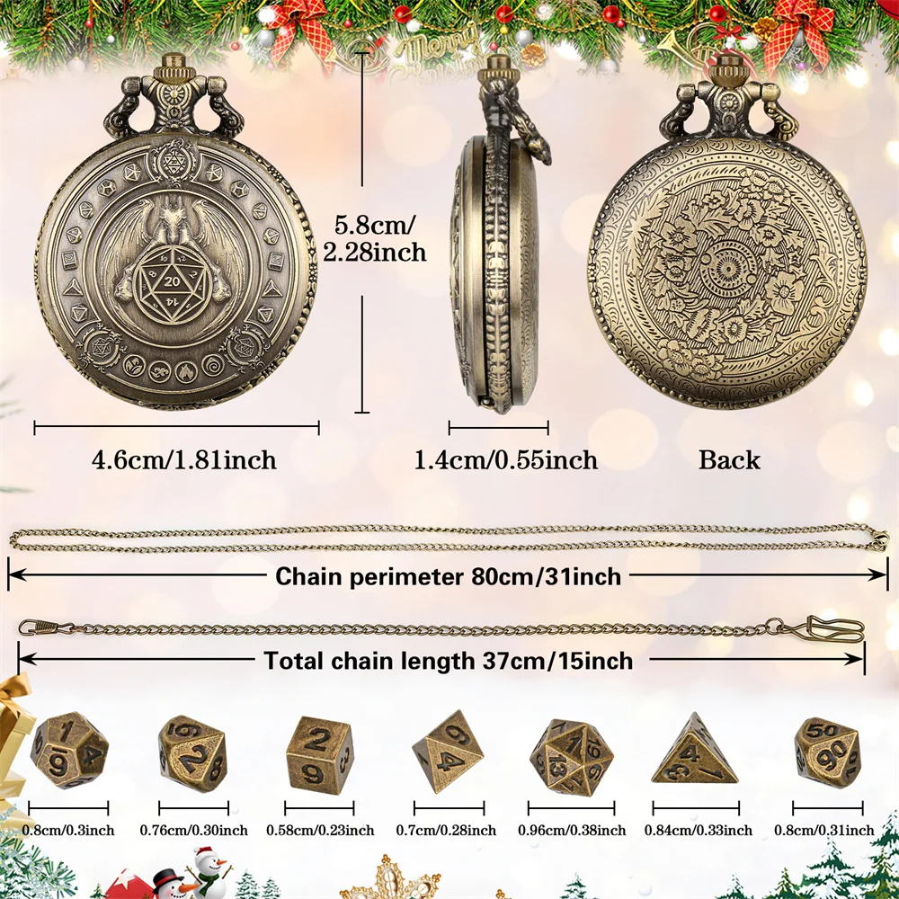 Retro Dragon Polygon Dice Decorated Alloy Metal Pocket Watch Case with Pocket Chain Mini Game Dices Set Christmas Gift Men