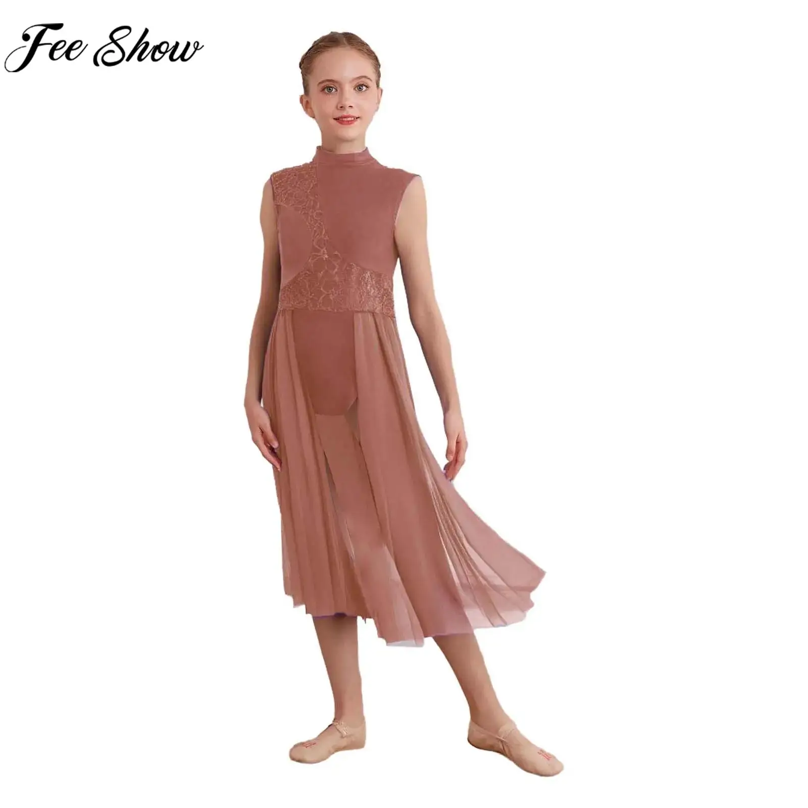 Kids Girls Modern Lyrical Dance Dress Sleeveless Mock Neck Floral Lace Sheer Mesh Dresses Figure Skating Gymnastics Leotard Tutu