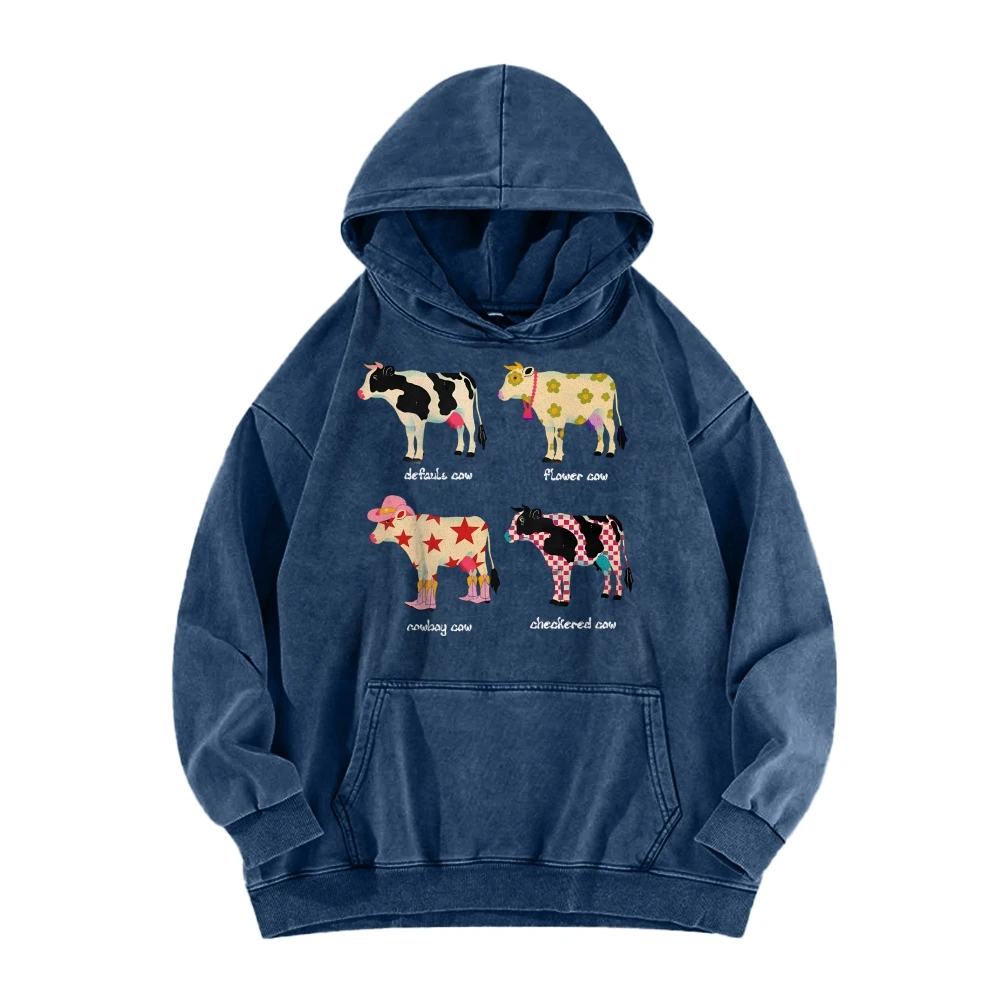 

Y2k Clothing Unisex Washed Dairy Cattle Printing Hoodie Sweatshirt Oversized Multi Breed Cattle Animal Printing Workwear Hood