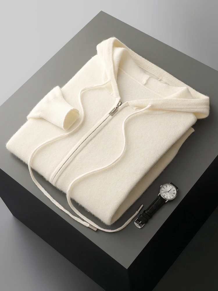 

Thick Basics Hooded Cardigan Autumn Winter Men's 100% Merino Wool Knitwear Zipper Drawstring Casual Loose Sweater Sport Clothing