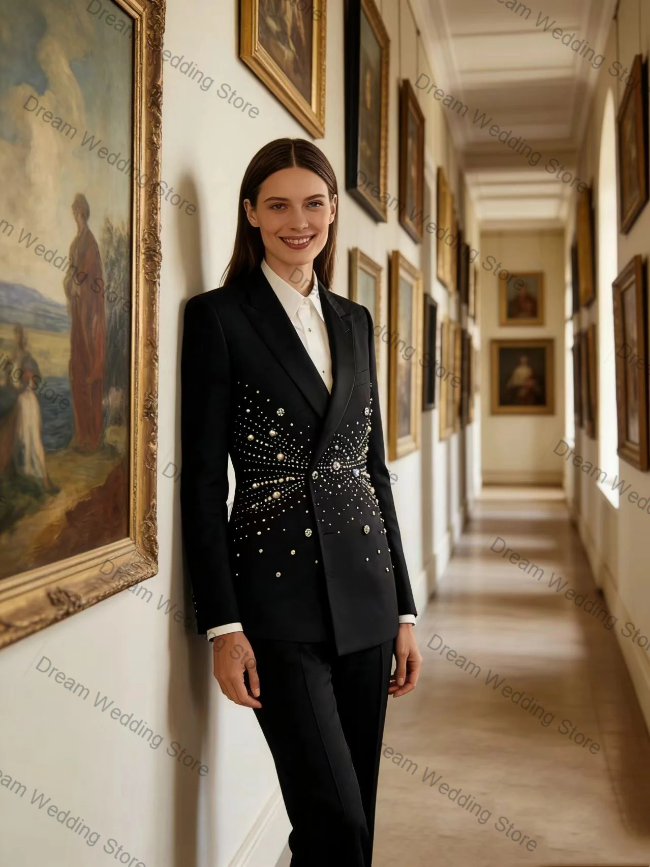 

Crystals Black Women Suit Set 2 Pcs Blazer+Pants Cotton Spring Summer Formal Office Lady Jacket Customized Wedding Guest Coat