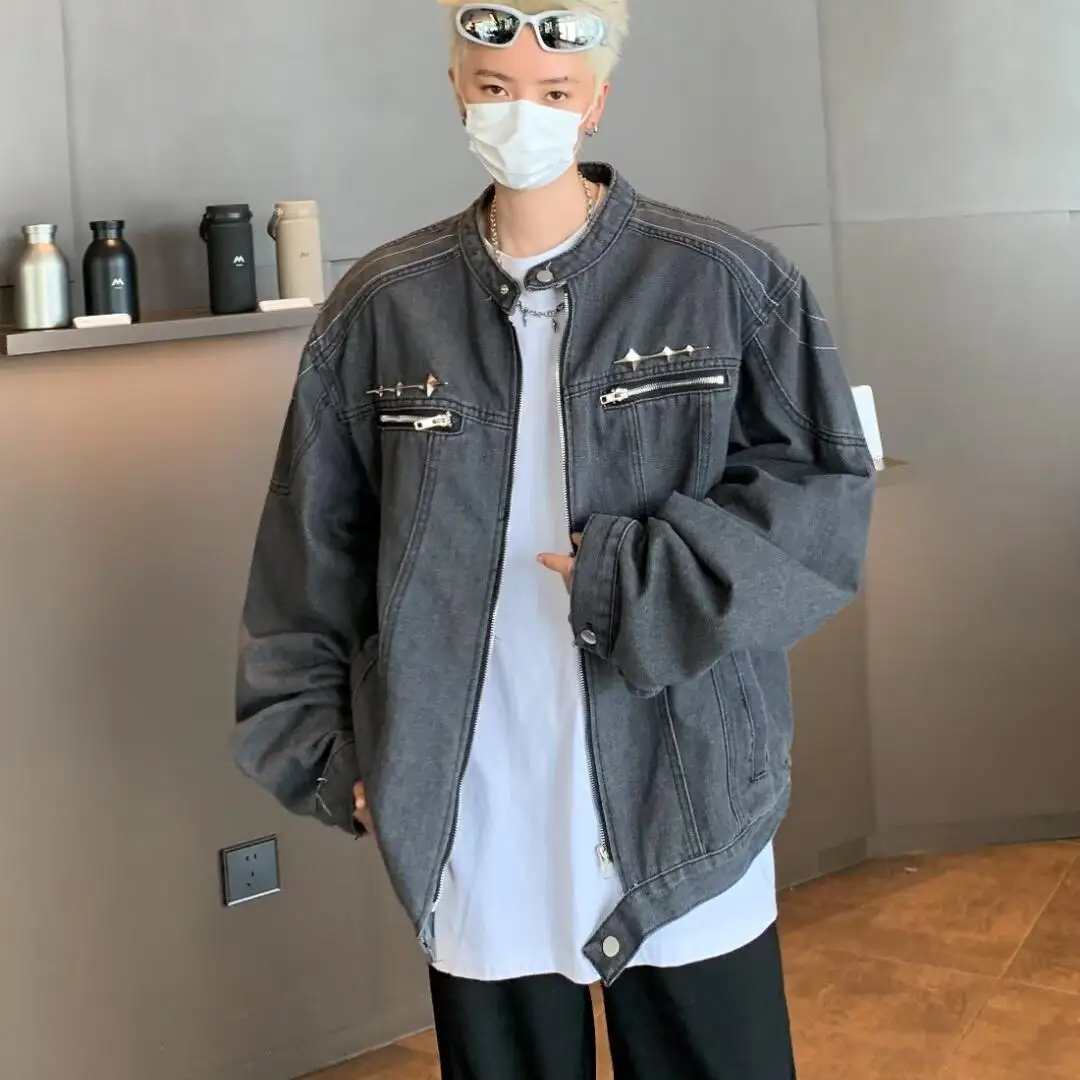 

Retro American Waed oulder Padded ort Splicing Jeans Jaet Trendy Brand Metal Design Collarl Jaet for Men