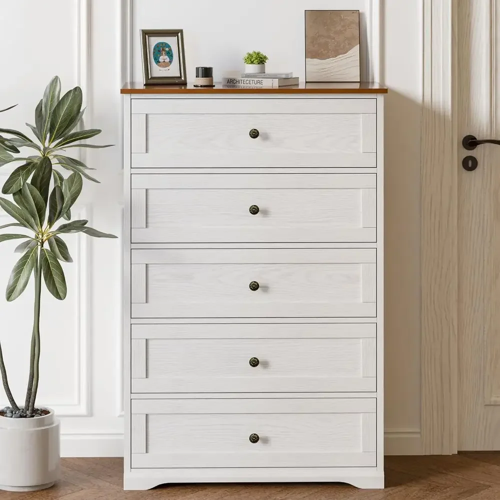 5ft Tall Dresser with Anti-Tip Feature, White with Brown Countertop, Storage Solutions for Bedroom, Closet, Hallway