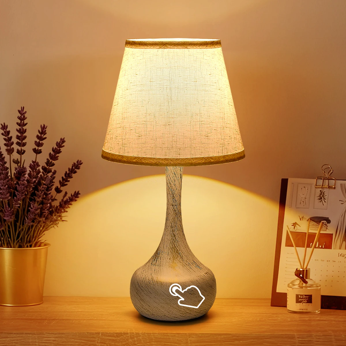 

White sweeping gold rice white cloth cover touch control three level dimming table lamp with E26 LED bulb modern minimalist bedr