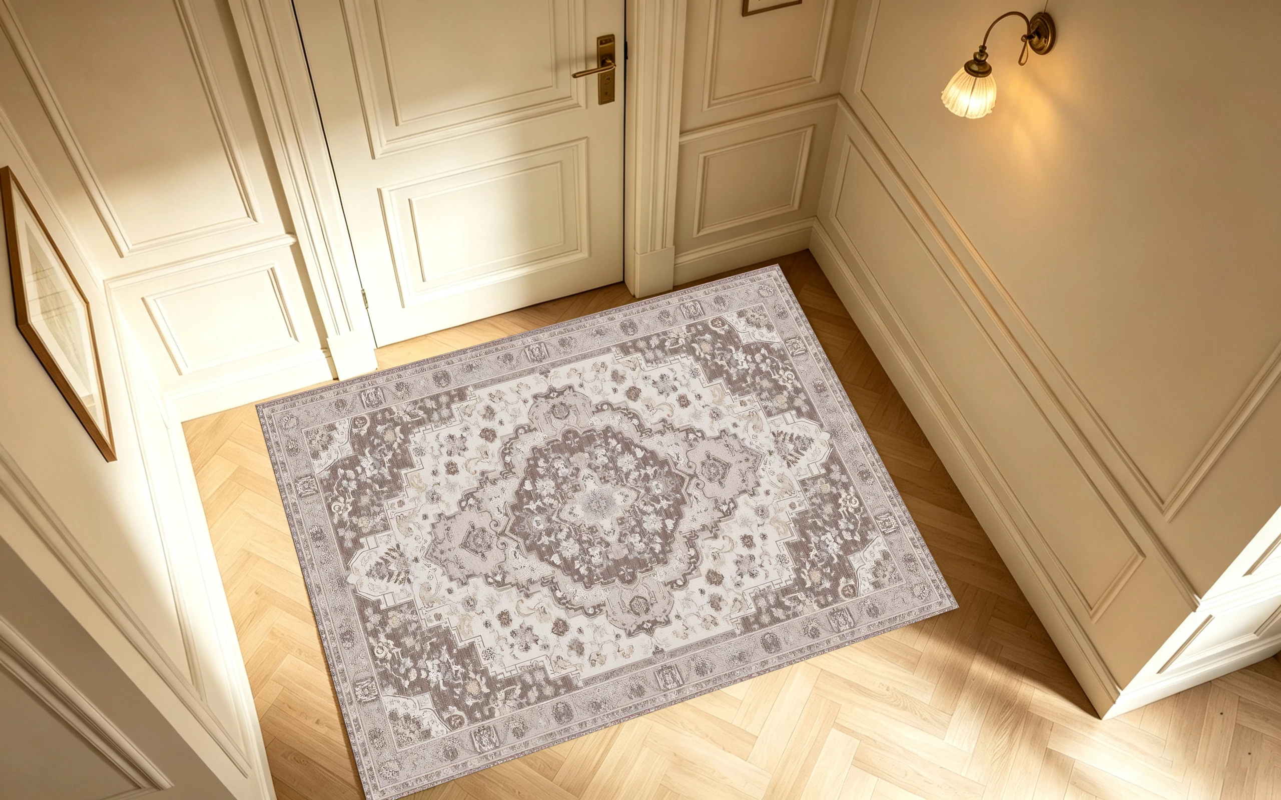 2D Velvet Carpet, Beige Coffee Color 2D Velvet Carpet, Vintage Persian Style: Comfortable to Wear, Suitable for Living and Dining Areas..