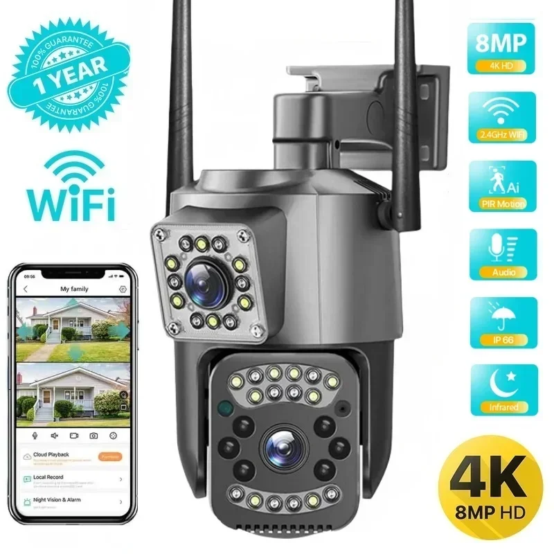 4K 8MP HD Waterproof Outdoor Wifi Security Camera Dual Lens CCTV Audio Video Surveillance Cameras Automatic Tracking IP Cam