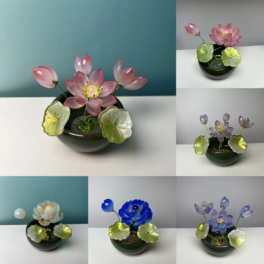 Handmade Mini Potted Plant Lotus Flower Resin Craft Retro Style Desktop Decoration For Living Room Home Decor Artistic Gift
