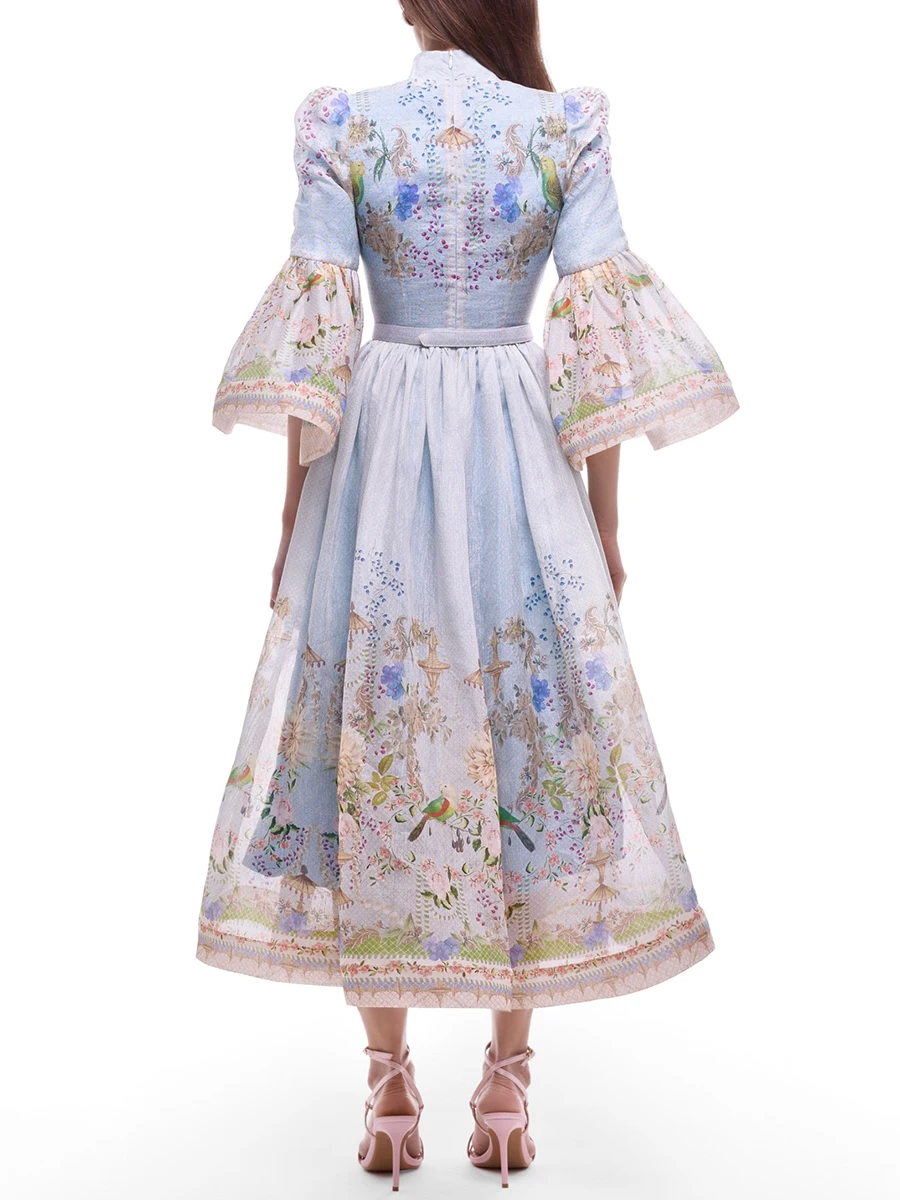 VGH Blue Retro Romantic Floral Print Swing Dress for Women Stand Collar Flare Sleeve Waist Tie Design Mid Skirt for Travel Shoot