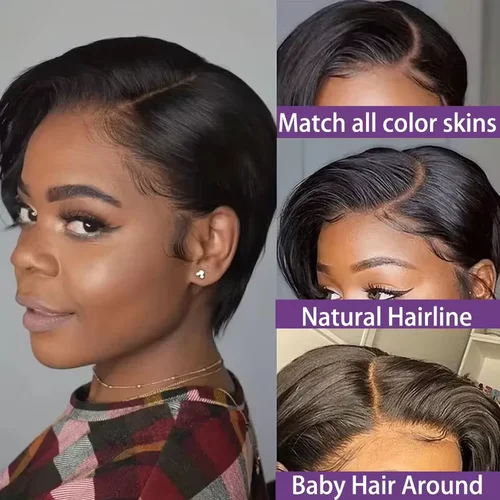 Imagen 2 del producto Peluca recta de corte Pixie, pelucas Bob corto, pelucas frontales de encaje 13x4, cabello humano prearrancado, peluca de corte Pixie, cabello humano brasileño 100%