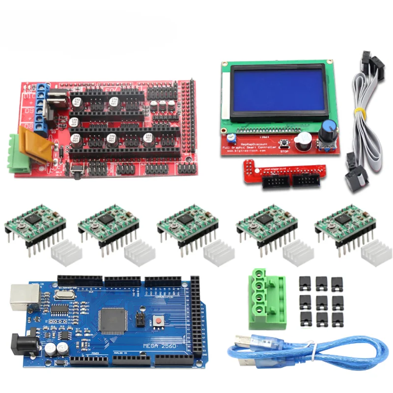 

3D printer here Kit Mega 2560 R3 1Pcs RAMPS 1.4 controller 5Pcs A4988 step drive module RAMPS 1. 4 2004 12864 LCD control