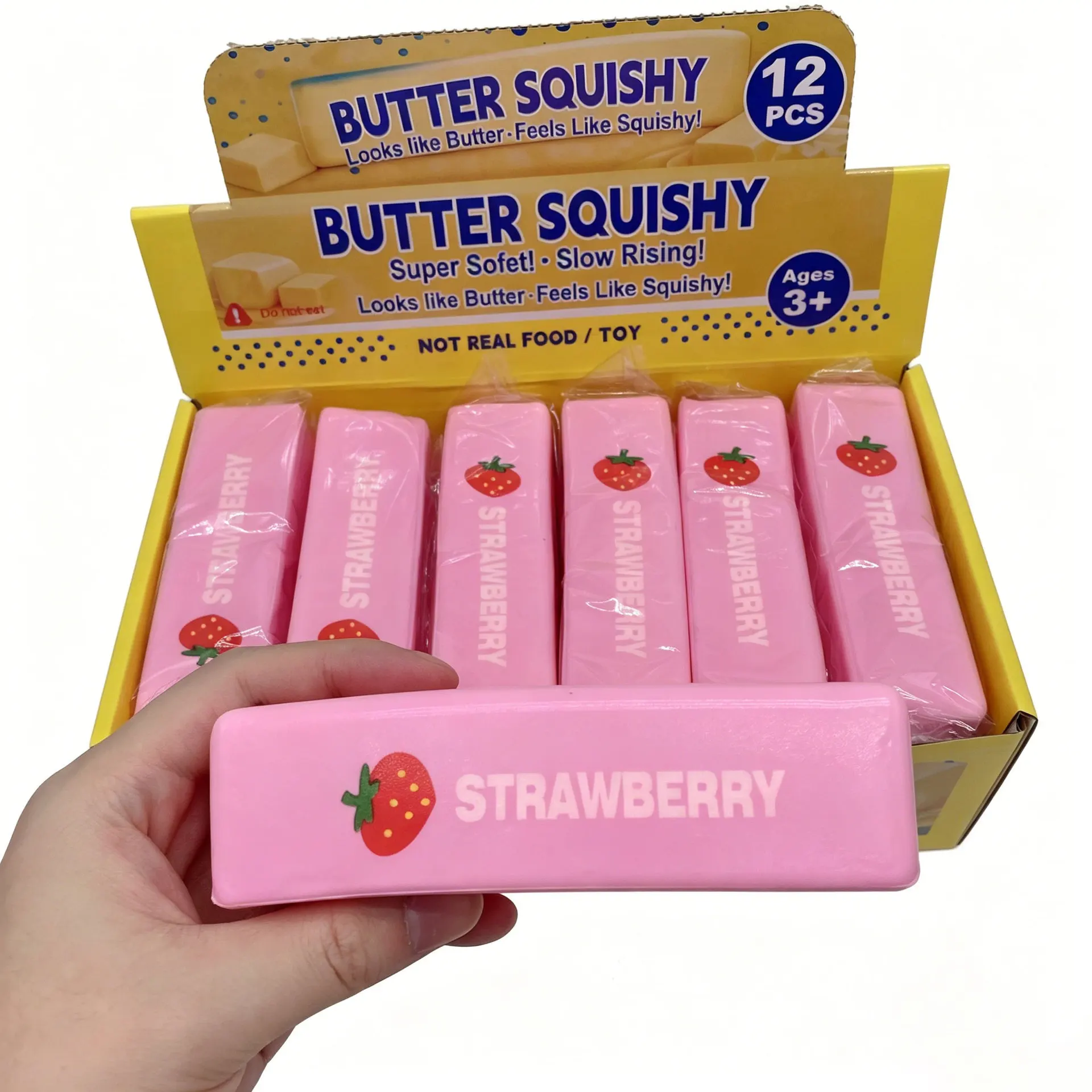1Box Pink Strawberry Butter Stick Squishy Toy Realistic Fake Food Wet Soft PU Bread Squeeze ASMR Desk Decor Anxiety Reducer Gift