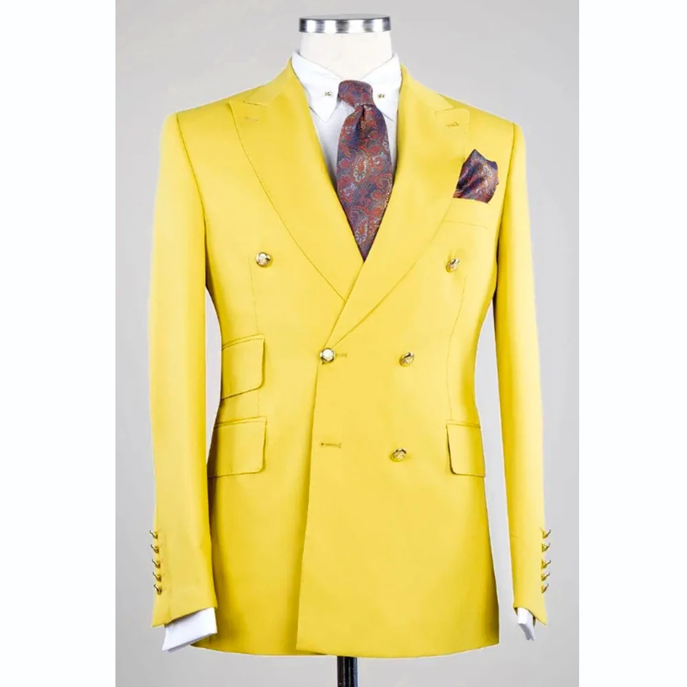 Luxury Men\'s Suit Blazer Yellow Regular Lenght Peak Lapel Hight Street Chic 2 Piece Jacket Pants Business Smart Casual Terno 031