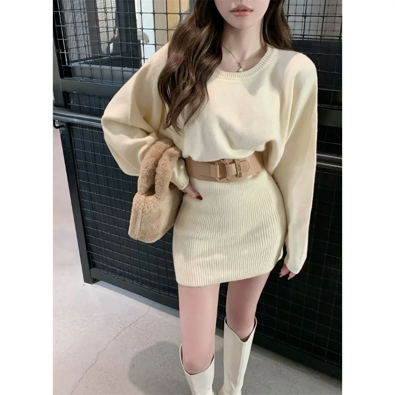 حزام عصري بأكمام الخفافيش مع فستان محبوك بحزام الخصر بلون سادة ورقبة دائرية وأكمام طويلة فستان قصير على الورك #6