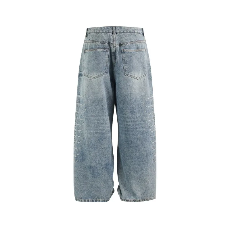 Niche Design Men's Denim Jeans Washing Metal Rivet Decoration Solid Color Wide Leg All-match Personalized Male Snake-eyed Spine