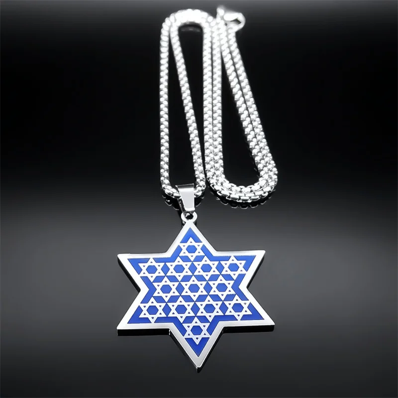 اليهودية السداسية العبرية قلادة الفولاذ المقاوم للصدأ اللون الأزرق نجمة داود درع إسرائيل سلسلة القلائد مجوهرات colar N8140S01