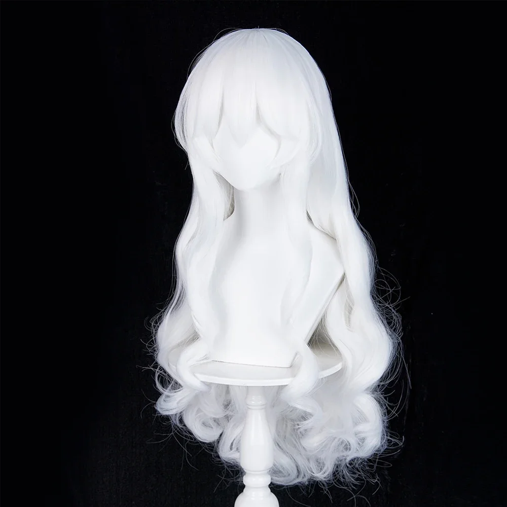 Daily Party White Long Wavy Anime Game Cosplay Synthetic Wigs with Bangs Fluffy Heat Resistant Wig