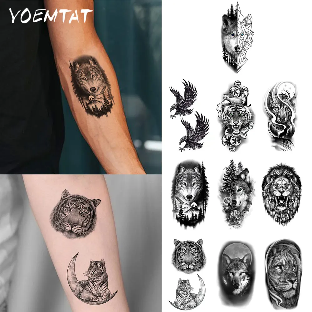 Stiker tato sementara tahan air, 10pcs serigala singa harimau Elang Hewan Kecil seni badan lengan tato palsu Lengan wanita pria pergelangan tangan