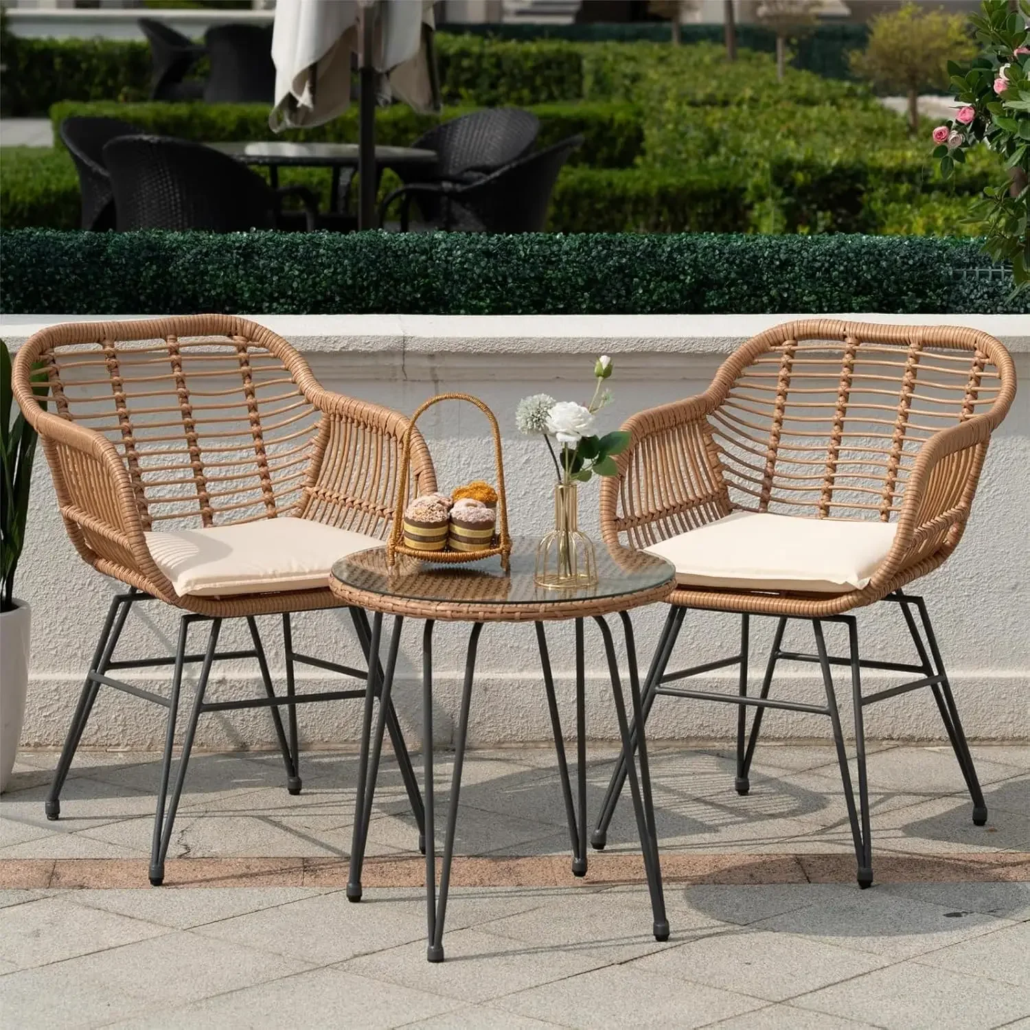 

3 Pcs Outdoor Wicker Furniture Patio Bistro Set, Balcony Furniture Rattan Conversation Sets, Outdoor Patio Chairs Set for Porch