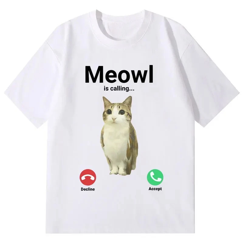 Meowl Is Calling Lustiges Katzen-Eulen-Meme T-Shirt Sommer Baumwolle Kurzarm T-Shirts Herren Damen Mode Lässiges Oversize T-Shirt – Detail 5