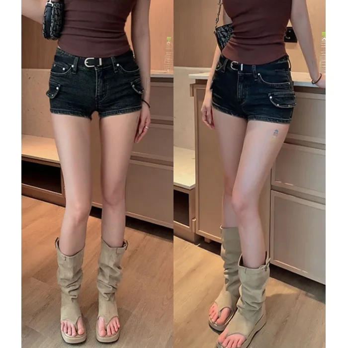 Sexy American Retro Washed Low Waist Black Denim Shorts Women Pure Desire Slimming Long Legs Super Short Shorts Cotton Stretch