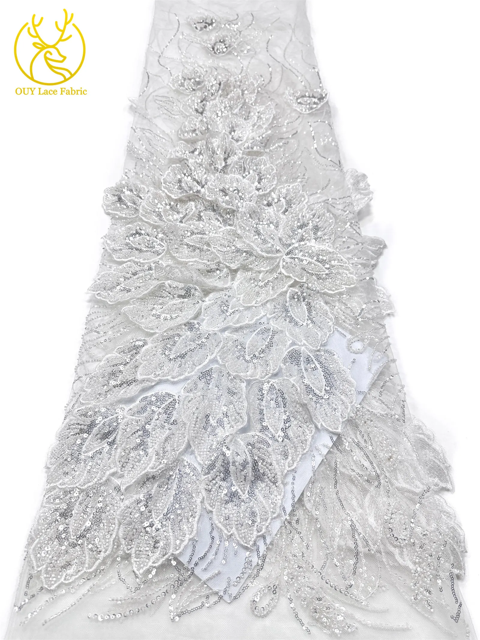 Nigerianischer 3D-Stickerei-Blatt-Spitzenstoff 5 Yards Afrikanische DIY-Stickerei Perlen-Pailletten-Spitze Tüll-Netzspitze Damen-Abendkleid – Detail 11