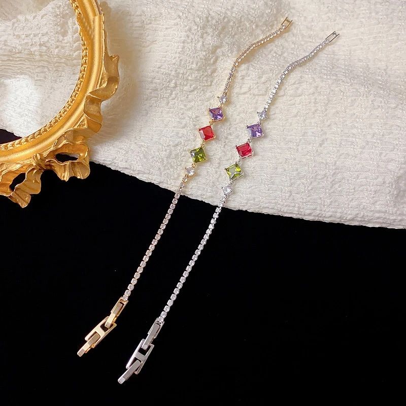 

Luxury Square Multi-color Cubic Zircon Link Chain Women's Hand Bracelets Minimalist Real Gold Plated Bangle Fashion Jewelry 1705