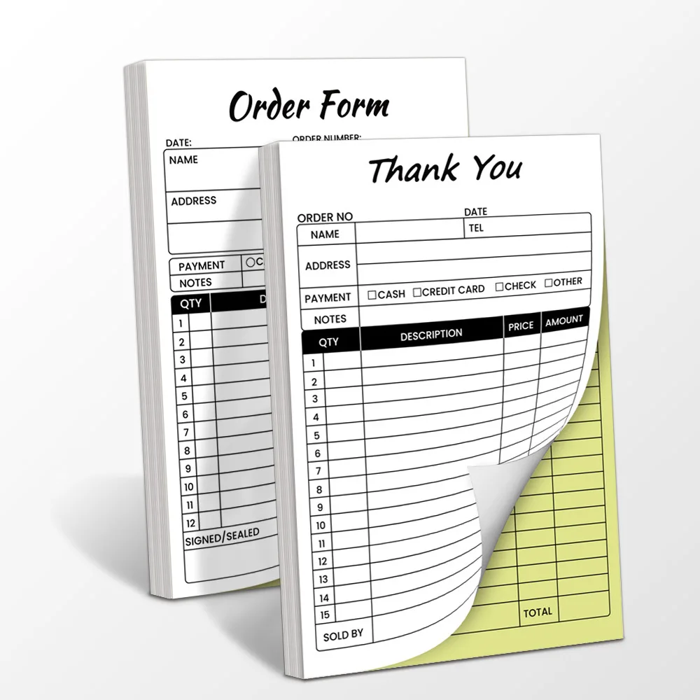 ​ كتاب إيصالات المبيعات مكون من جزأين من الكربون باللونين الأبيض والأصفر مع دعم ورقي، 100 مجموعة لكل كتاب ​