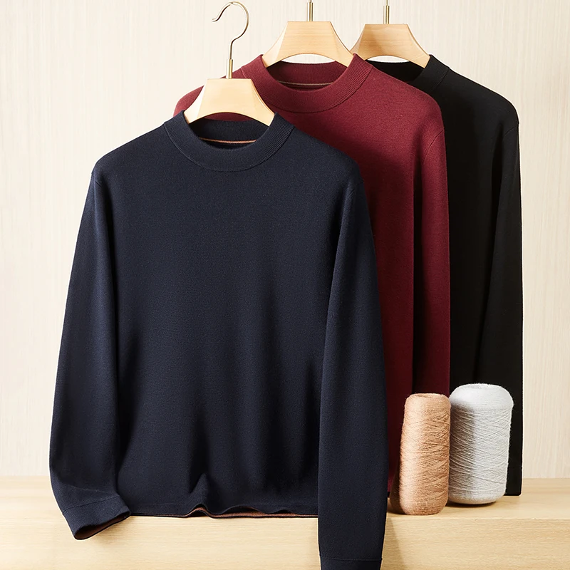 

Мужской вязаный свитер больших размеров с высоким воротником, теплый базовый слой, повседневная зимняя одежда, комфортный, мягкий, однотонный