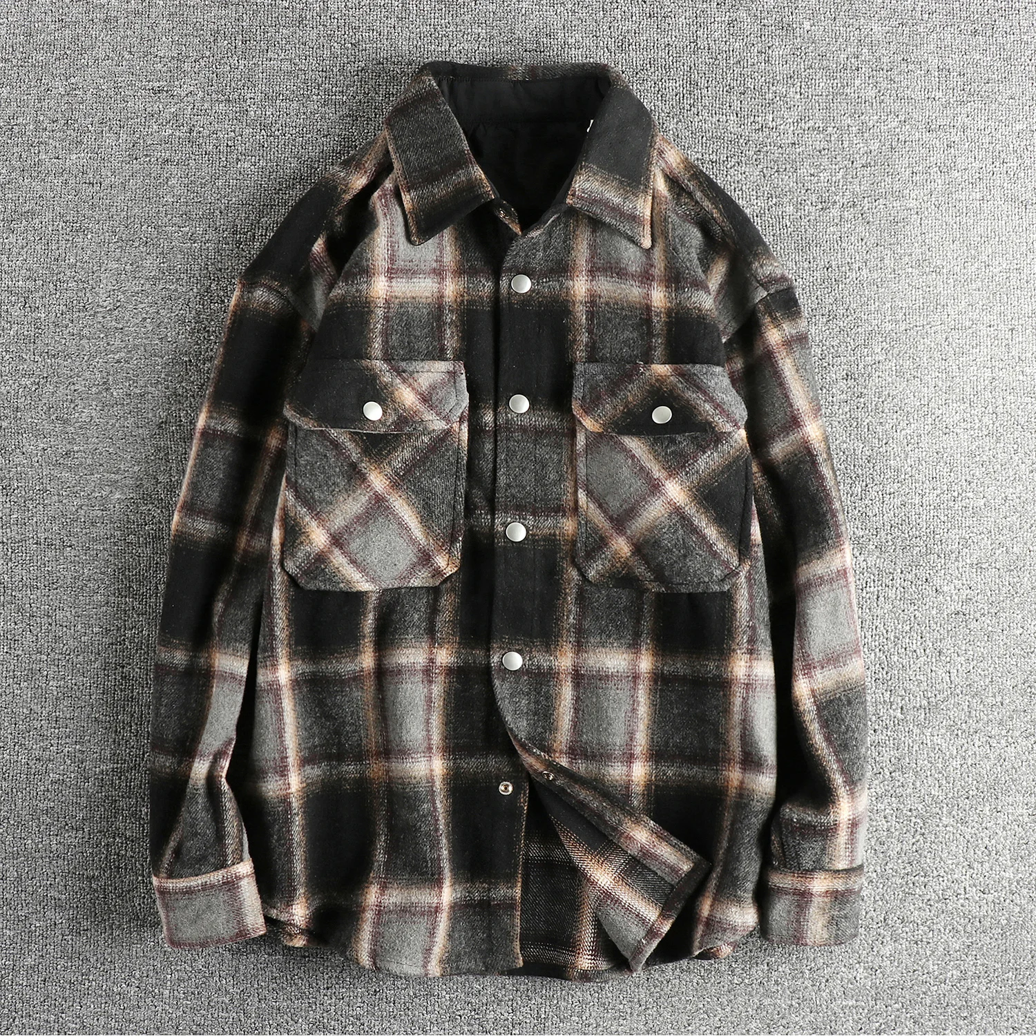 Winter New American Retro 600G Long Sleeve Thickened Brushed Fabric Plaid Shirt Men's Simple Double Pocket Casual Blouses Coat