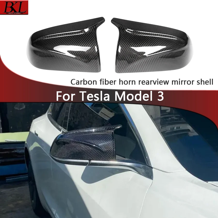 

For Tesla Model 3 Horn style carbon fiber rearview mirror shell rearview mirror shell black glossy modified upgrade body kit