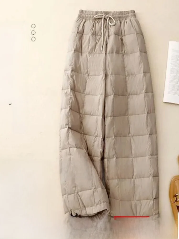 

Высококачественные женские пуховые хлопковые брюки с эластичной клетчатой талией, теплые широкие брюки, прямые брюки с высокой талией для поездок на работу