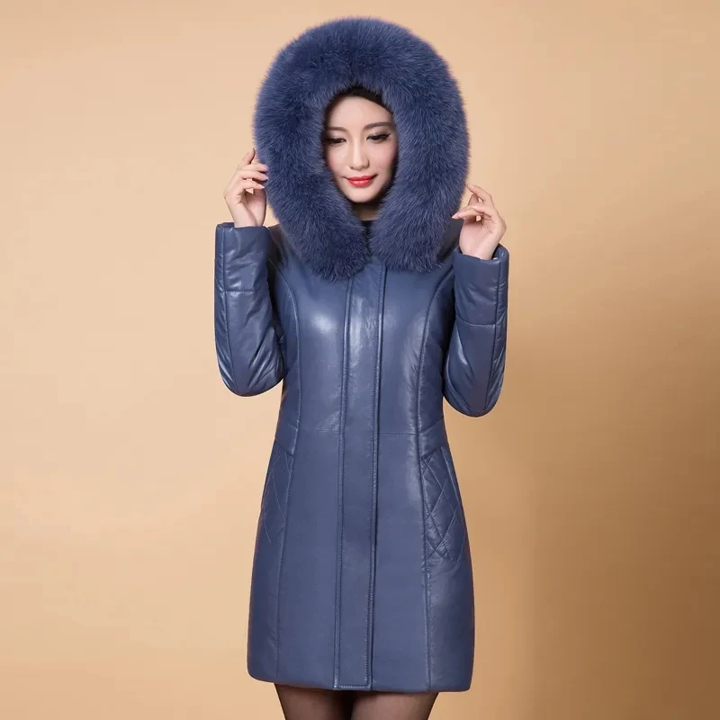 High End Women PU Leather Coat Winter New Fashion Thick Warm Faux Fur Collar Hooded Sheepskin Leather Jacket Outerwear Female