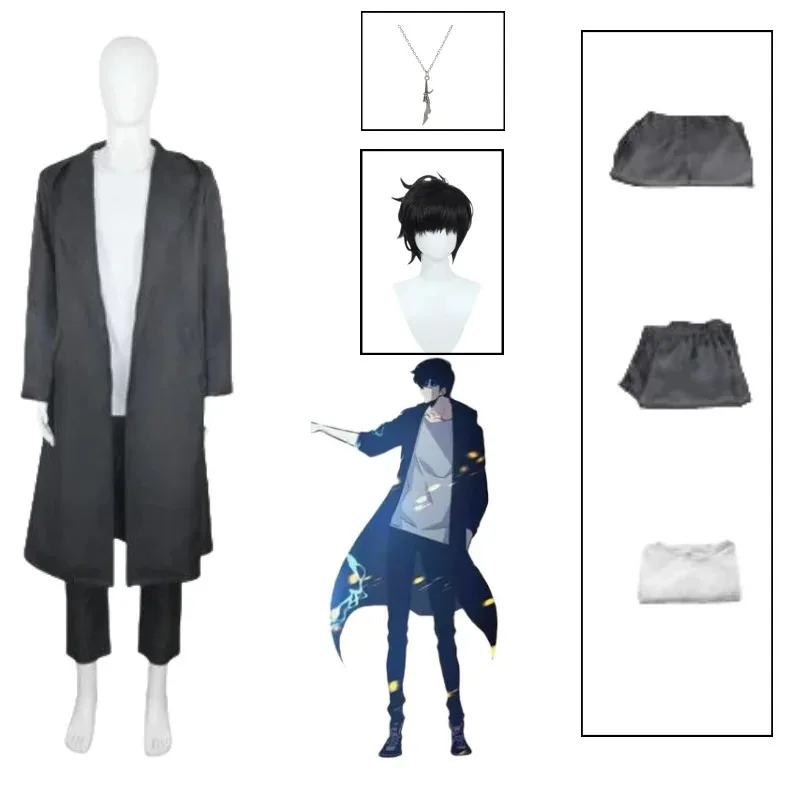 

Anime Solo Leveling Sung Jin Woo Anime Cosplay Costume Wig Black Hooded Trench Suit Hunter Shun Mizushino Outfit Props for Boys
