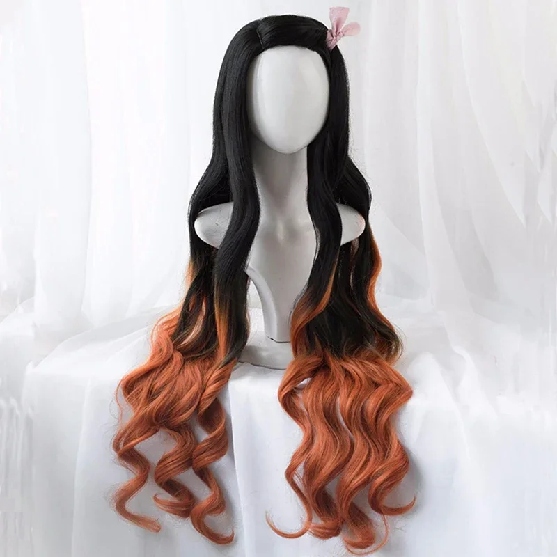 Kamado Nezuko Pruik Nezuko Cosplay 95Cm Gradiënt Lang Haar Accessoires Hittebestendige Synthetische Pruik