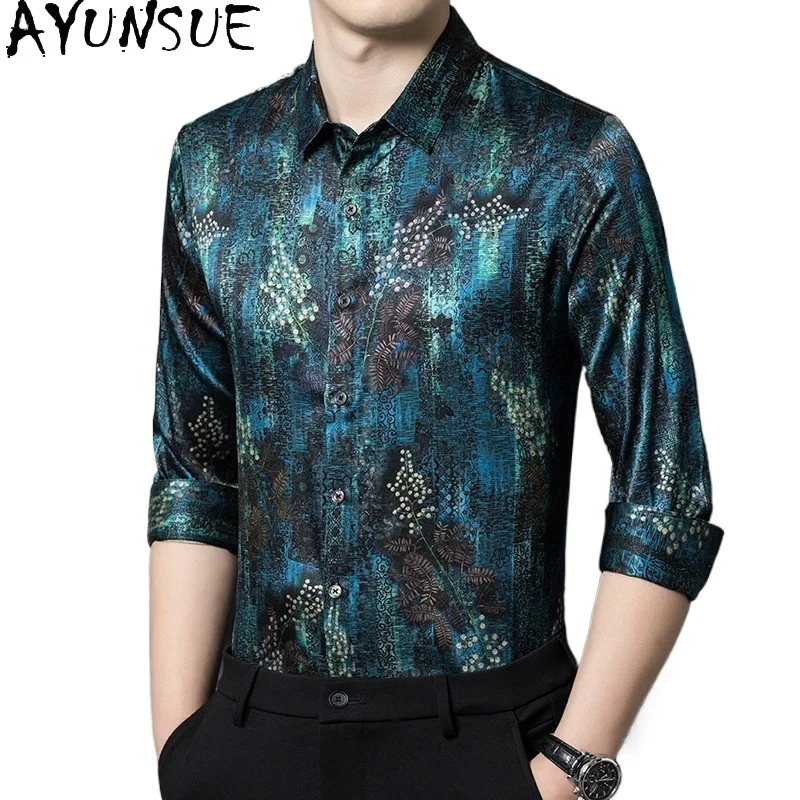 

AYUNSUE 90.8% Real Mulberry Silk Shirt Men Clothing Spring Summer High Quality Satin Tops Casual Printed Long Sleeve Shirts New