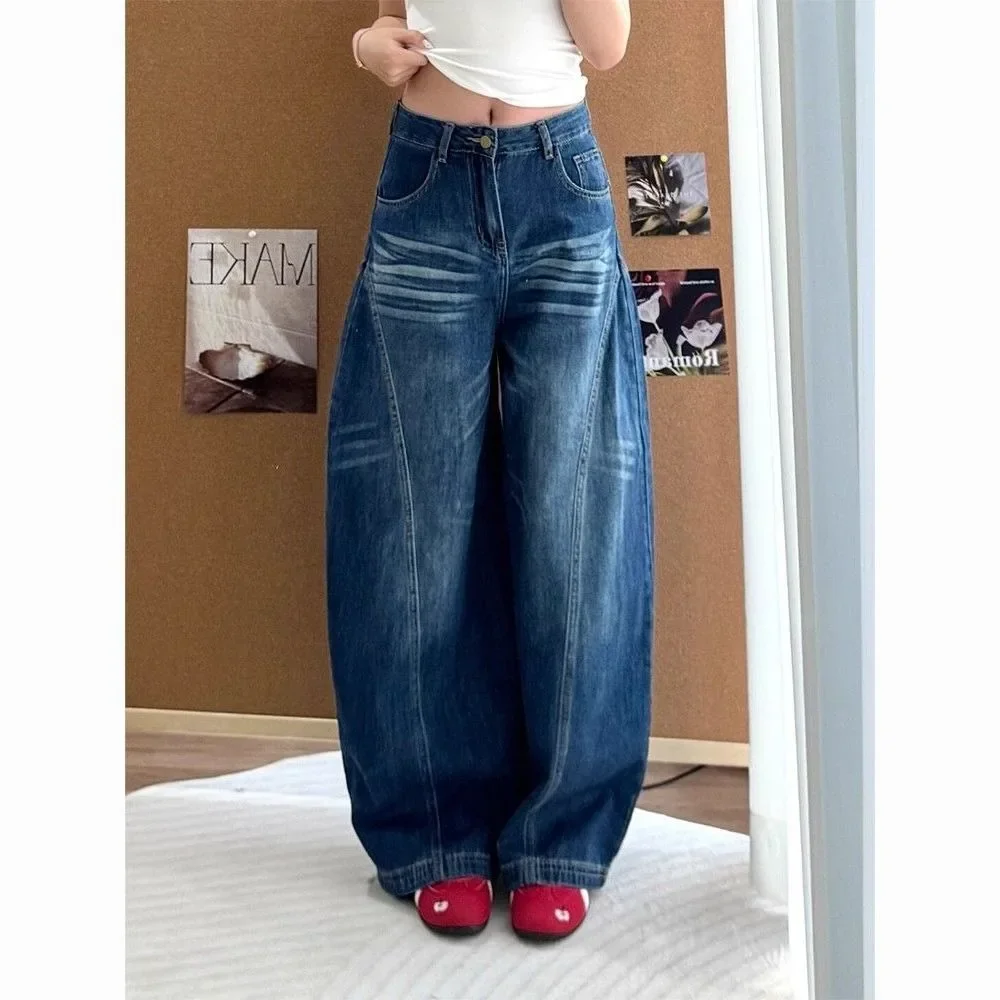 

Женские джинсы с высокой талией и широкими штанинами в корейском стиле Y2K, синие, повседневные, свободные, с эффектом драпировки, модные брюки в уличном стиле, новинка