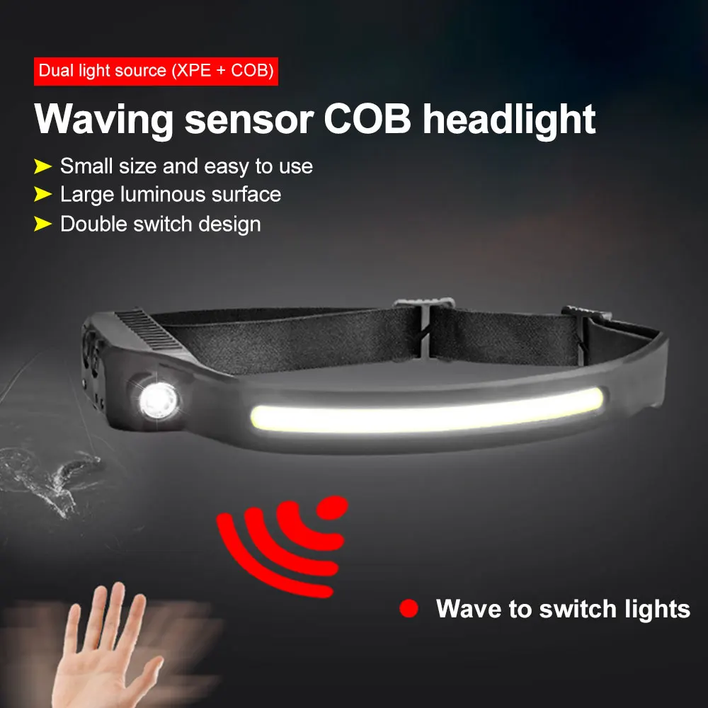 Induction Headlamp Waving Sensor COB Headlight USB Charging Head Torch with Built-in 1500mah Battry for Camping Fishing