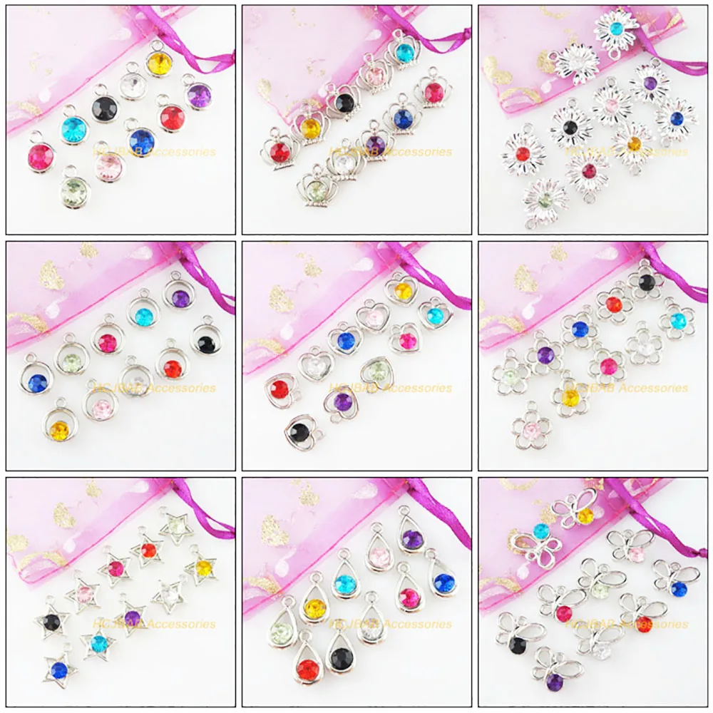 30Pcs New Flower Heart Round Crown Teardrop Animal Butterfly Acrylic Plastic Dull Silver Plated Pendants For Gifts Jewelry