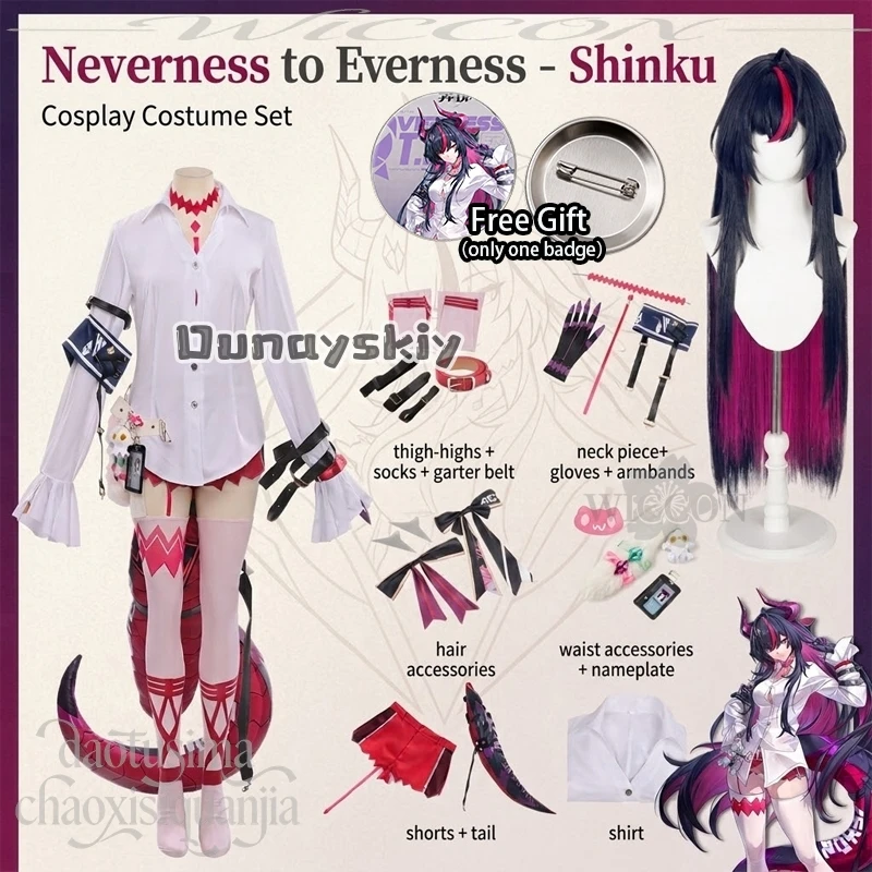 anime game Neverness to Everness cosplay Shinku costume long sleeve white shirt mini red pants shorts wigs furry tail Halloween