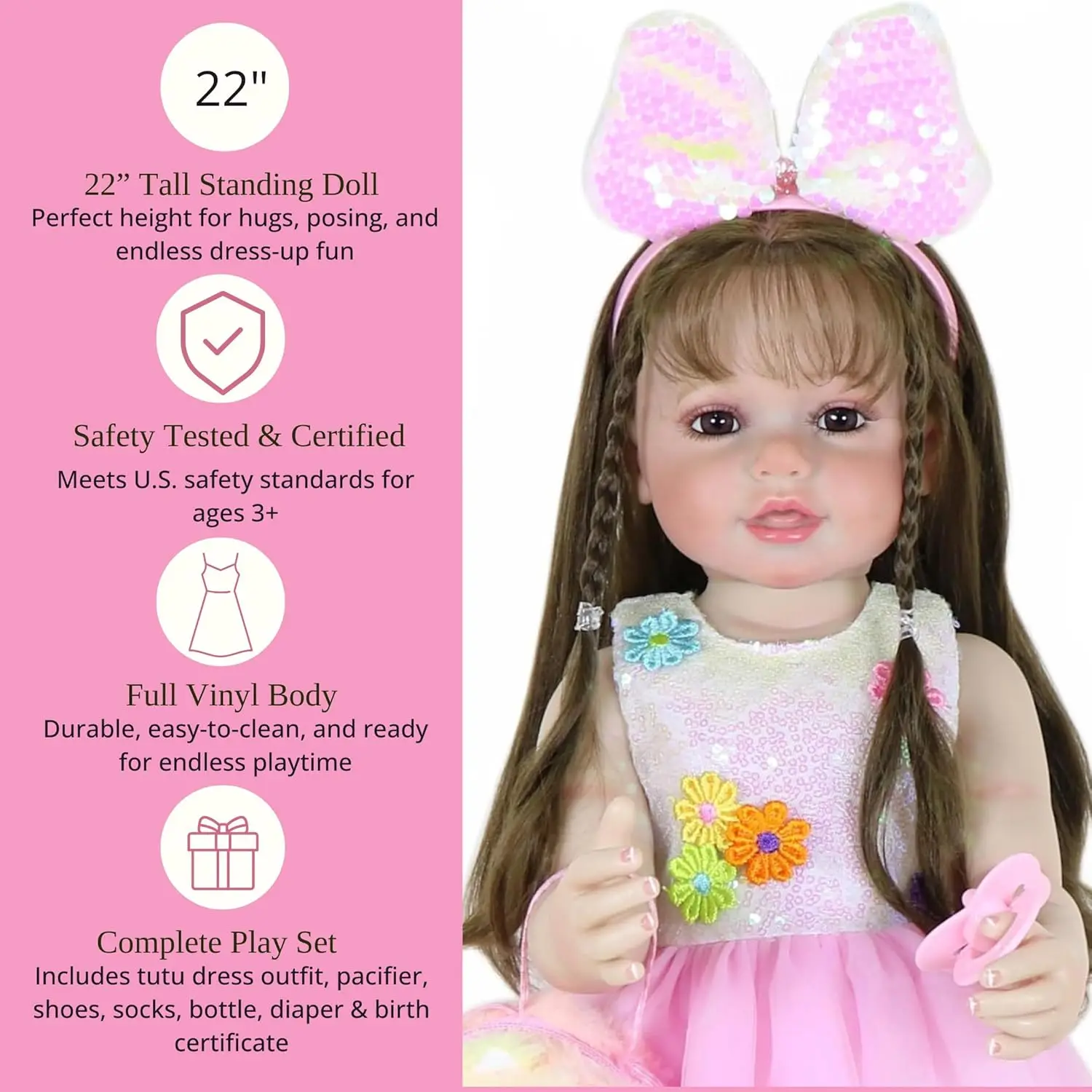 

22 Inch Realistic Reborn Toddler Doll, Full Soft Vinyl Body, Brunette Rooted Hair, Brown Eyes, Sequin Dress, Plush Backpack