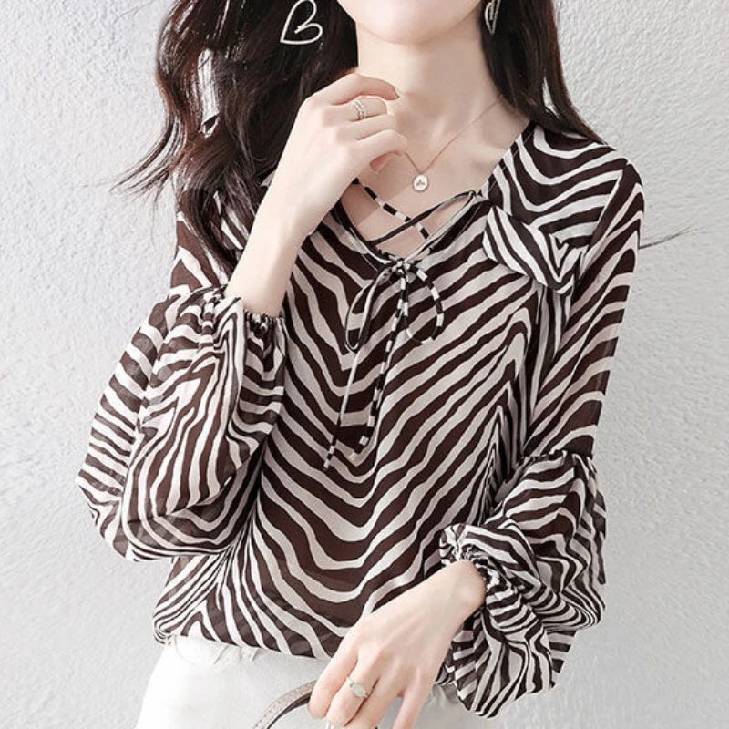 Brown Zebra Puff Sleeves Loose Chiffon Shirt Long Sleeve V-neck Blouse for Female 2022 Spring Summer Elegant Casual Clothing