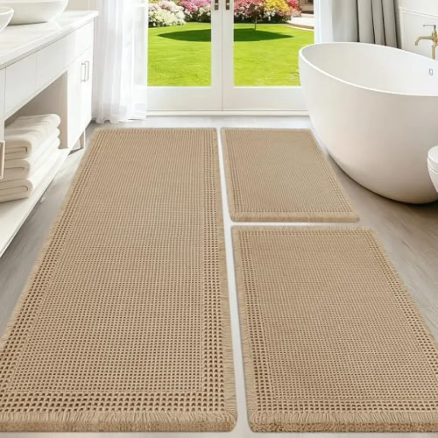 

Upgraded Bath Mat Set 3 Pcs - Super Absorbent Non-Slip Quick Dry Bathroom Rugs with Tassels Machine Washable Ultra Soft Boho Ba