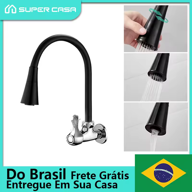 Torneira preta versátil montada na parede com cone flexível de jato duplo