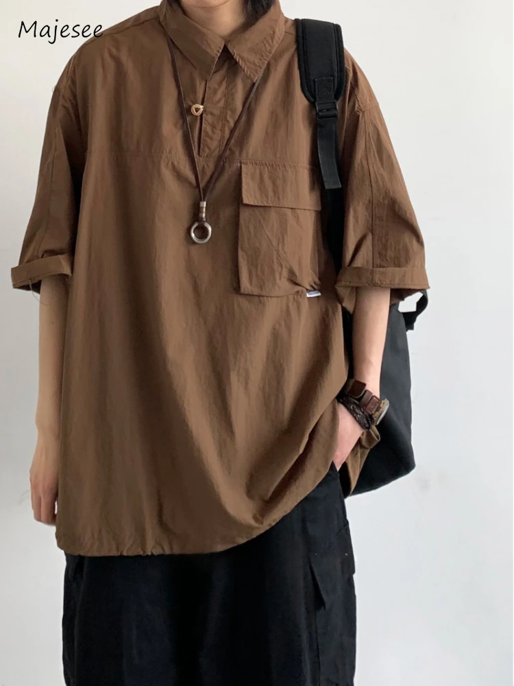 

Shirt Men Baggy Solid Color Daily Breathable Summer Casual Turn-down Collar Button Design Japanese Style Male Retro Patch Pocket
