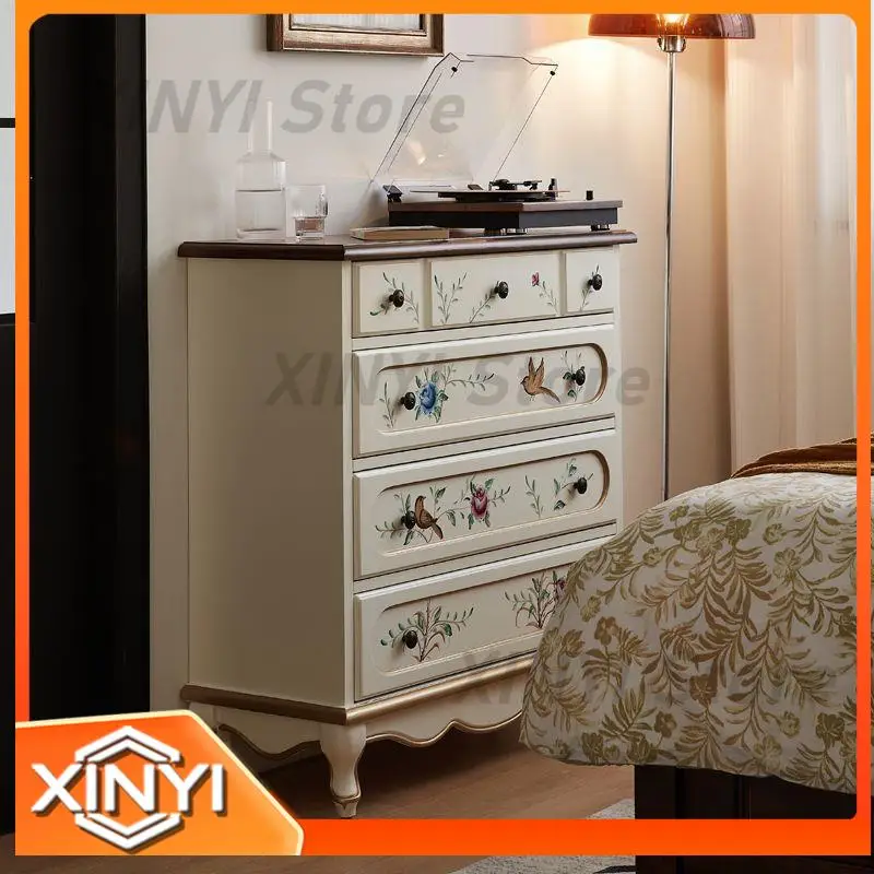 Five-Drawer Chest of Drawers for Home Decor in Rustic Farmhouse Style with Hand-Painted Floral Design Solid Wood Vintage