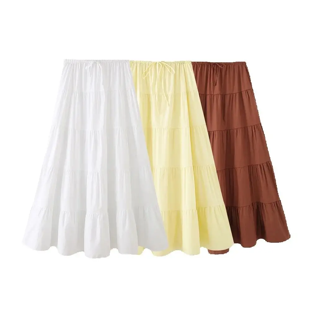 

Autumn new women's clothing ins style bow decoration cotton layered splicing minimalist mid waist long skirt