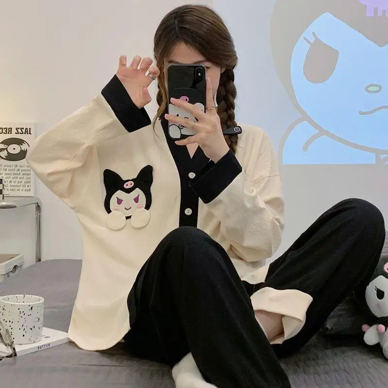

Sanrio Kuromi Women's Pajamas Set Sweet Cute Cotton Long Sleeve Cartoon Pants Two-Piece Spring Autumn Homewear Kawaii Sleepwear