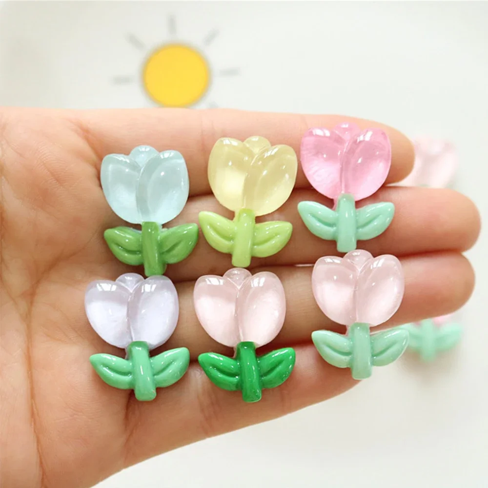 10 Uds. Cabujones traseros planos de resina en miniatura serie tulipán transparente de 23x18mm para horquilla, álbum de recortes, accesorios artesanales para decoración del hogar DIY