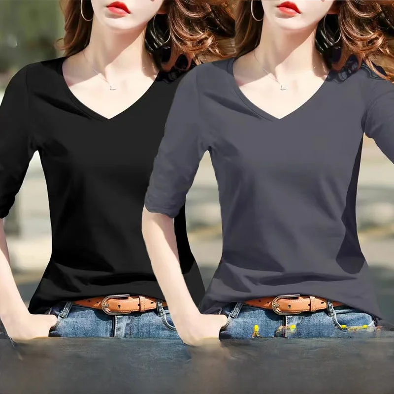Two-Piece Modal V-Neck T-Shirt Women's Spring Summer New plus Size Inner Wear Five-Quarter Sleeve Trendy Women's Top
