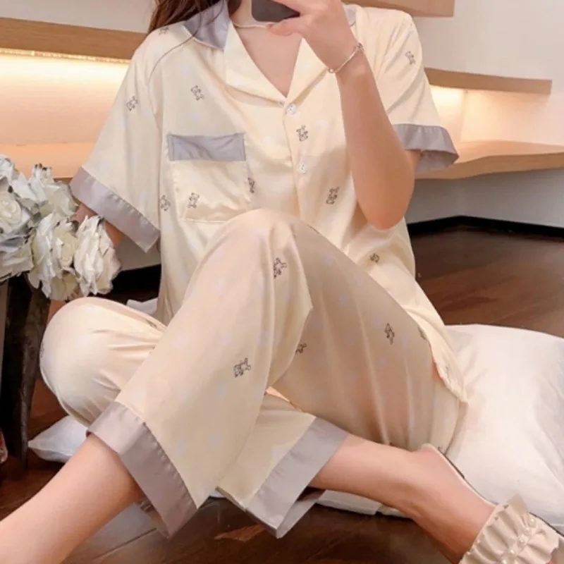 Satin Silk Cool Pajamas Spring Summer Casual Cartoon Short Sleeves Long Pants Bear Homewear Women Sleepwear Girl Pyjamas Thin